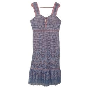 Foxiedox flourite embroidered crochet pink purple fringe dress. Size large